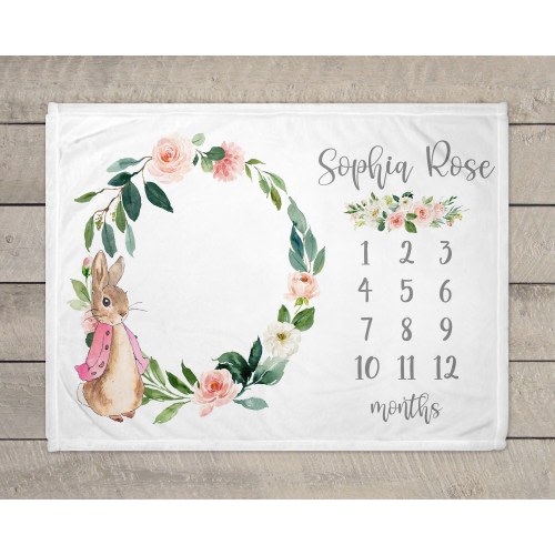 Peter Rabbit Milestone Blanket, Personalized Baby Blanket, Monthly Growth Tracker, Blush Pink Flowers, New Baby Gift, Baby Girl, Bunny,
