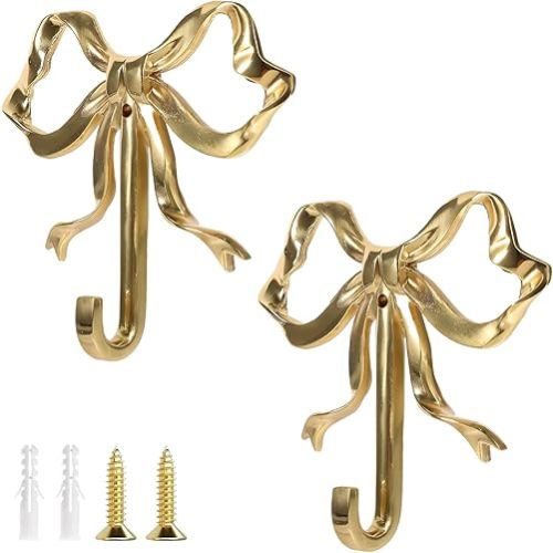 2Pcs Gold Bow Hooks for Wall, Brass Bowknot Coat Hook, Cute Bow Towel Hook for Hanging Purse,Clothes,Bag,Hat Home Decor (Gold, 2 Pack)