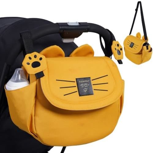 SUNVENO Universal Stroller Organizer with Cup Holder and Shoulder Strap, Cute Cartoon Cat Design, Diaper Bag with Multiple Inner Pockets, Fits Uppababy, Baby Jogger, Britax & Pet Strollers,Yellow