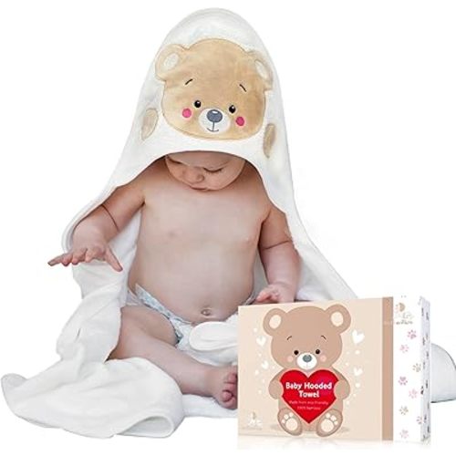 Premium Baby Hooded Towel Viscose Made of Bamboo, Super Absorbent, Design Girl and Boy. Ultra Soft, White, X-Large, 35 x 35 inches, White Bear.