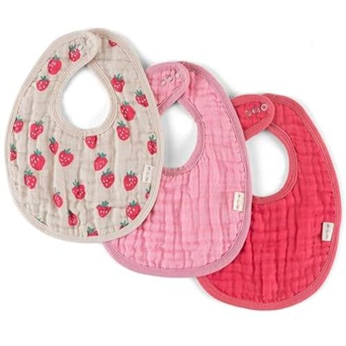 Itzy Ritzy Set of 3 Baby Bibs - Ultra-Soft Adjustable Infant & Toddler Bibs Made of Triple-Layer Cotton Muslin, Ideal for Drooling, Teething, & Eating - 3 Stylish, Coordinating Prints (Strawberry)