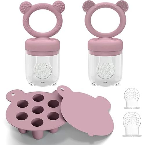 Silicone Breastmilk Popsicle Molds with Baby Food Feeder, BPA Free Fruit Feeder Pacifier with Frozen Ice Tray for Baby Feeding Safely, Infant Fruit Teething Toy (Pink)