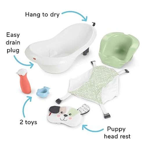 Fisher-Price Baby to Toddler Bath 4-in-1 Sling ‘n Seat Tub with Removable Infant Support and 2 Toys, Puppy Perfection
