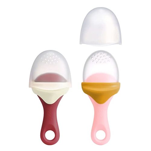 Boon Pulp Silicone Baby Fruit Feeder - Soft Silicone Baby Feeding Set - Fruit and Vegetable Baby Led Weaning Supplies - Baby Feeding Essentials - Orange/Mauve and White/Mauve- 2 Count - 2 Pulp Feeders - Pink/Mauve