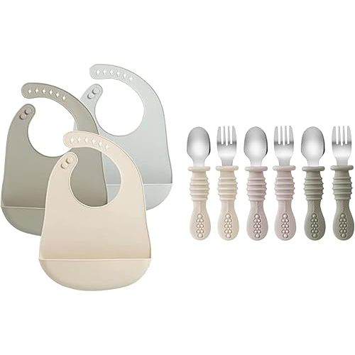 PandaEar Silicone Baby Bibs & 6 Pack Toddler Fork and Spoon Utensil
