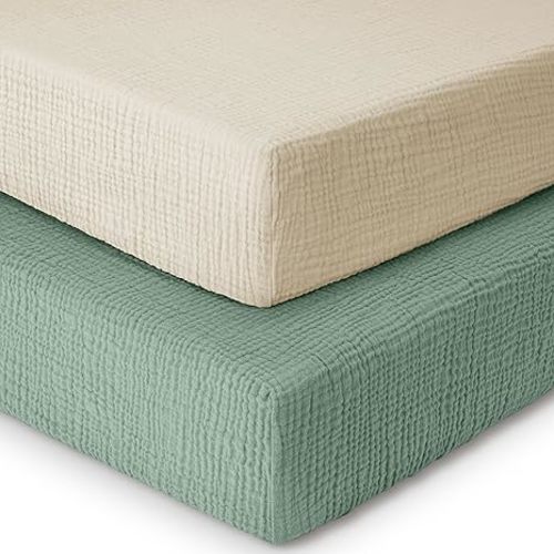 Yoofoss Muslin Crib Sheets for Boys Girls 100% Cotton Fitted Baby Crib Sheet 2 Pack Soft and Breathable for Standard Crib Mattress & Toddler Mattress 52"x28" Cream&Green