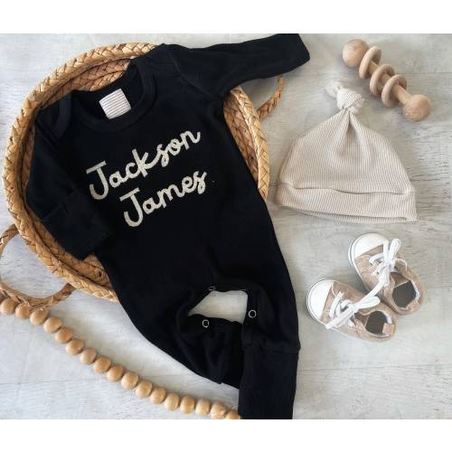Personalized black baby romper and hat set, custom coming home outfit, sketch stitch boys outfit, baby shower gift, neutral beige