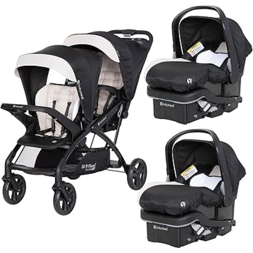 Baby Trend Sit N' Stand Tandem Double Stroller w/ 2 Pack EZ-Lift Plus Infant Car Seats, Khaki