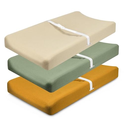 Muslin Changing Pad Cover, MomK!ds 3 Pack Changing Table Cover with Safety Straps Holes, Stretch Ultra Soft Diaper Changing Pad Sheets, Changing Table Sheets Fit 32"/34" x 16" Pads (Sage Green)