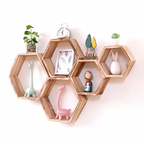 WONFUlity Hexagon Floating Shelves Honeycomb Shelves Wall Mounted Wood Farmhouse Storage Wall Shelf for Bathroom, Kitchen, Bedroom, Living Room,Driftwood Finish Wall Decor,Light Brwon
