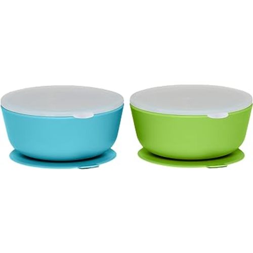 WeeSprout Suction Bowls for Baby & Toddlers (Set of 2) - 100% Silicone w/Plastic Lid - Leak Proof Feeding Supplies - Dishwasher & Microwave Safe Infant Dinnerware w/Extra Strong Base