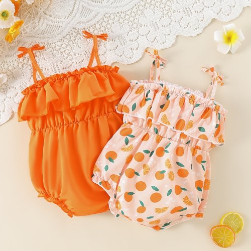 Orange-colored 2pcs Baby Bodysuit Set with All-over Orange Print and Solid Color Bodysuit for Girls, Featuring a Triangle Bodysuit with Straps, Perfect for Outdoor