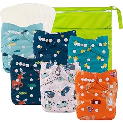 babygoal Baby Reusable Cloth Diapers 6 Pack+6pcs Rayon from Bamboo Inserts+Wet Bag, One Size Adjustable Washable Pocket Nappy Covers for Boys 6FB41