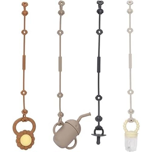 Nupoopy 4 Pack Toy Safety Straps for Baby, Silicone Baby Bottle Harness Straps｜Sippy Cup Leash｜Baby Teether Pacifier Holder Clips for Stroller, High Chair, Crib, Bag(Sand/Light Grey/Dark Grey/Clay)