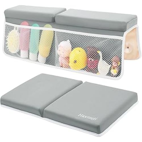 Bath Kneeler and Elbow Rest Pad Set, Thick and Quick Dry Kneeling Pad Support for Knee and Arm, Extra Large Baby Bath Kneeler Pads Bathtub Mat with Toys Organizer for Baby Bath Time, Grey