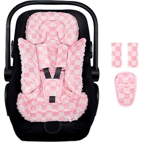 4 in 1 Infant Car Seat Insert, Baby Car Seat Head Body Support for Girls & Boys, Reversible Newborn Car Seat Insert with 3 Extra Strap Paddings, Premature Car Seat Cushion (Pink)