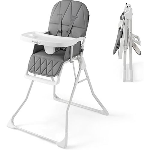 BABY JOY Foldable High Chair, Portable Highchairs for Babies and Toddlers with 3-Position Adjustable Tray & Footrest, Removable Seat Cushion, 5-Point Safety Harness, Space Saving Design (Gray)