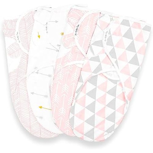 BaeBae Goods Swaddle Blankets, Set of 4, 100% Cotton, Lightweight, Breathable, Adjustable for Boys and Girls, 0-3 Months (Pink/Grey Triangles)