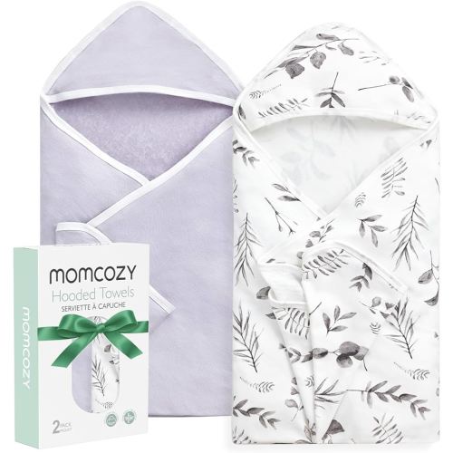 Momcozy Baby Hooded Towel-Made from Cotton, Suitable for Newborn Shower Gifts, 2 Count (Pack of 1), 28 X 28 Inch, Ink Wash Leaves
