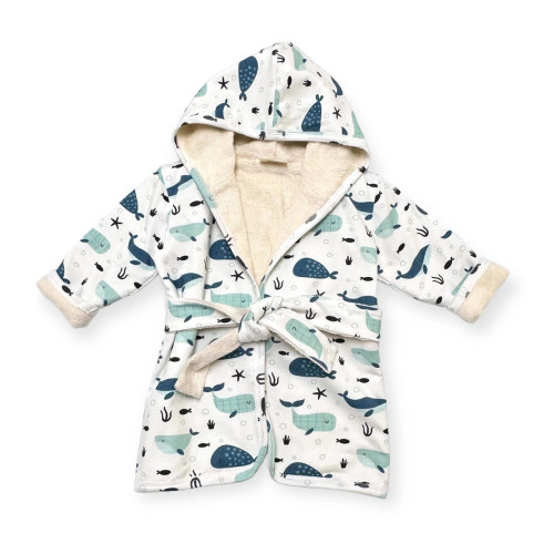 Organic Hooded Baby Bathrobe - Blue Whales