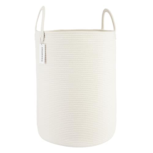 XUANGUO Cotton Rope Laundry Basket Hamper for Clothes Woven Storage Basket for Living Room Bedroom Boho Tall Rope Baskets for Blanket Toys Pillow Towels Baby Nursery Hamper Bin Large white