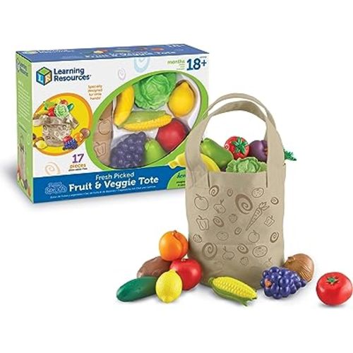 Learning Resources Fresh Picked Fruit And Veggie Tote, 17 Piece, Age 18 months+, Multicolor,8 L x 9 W in