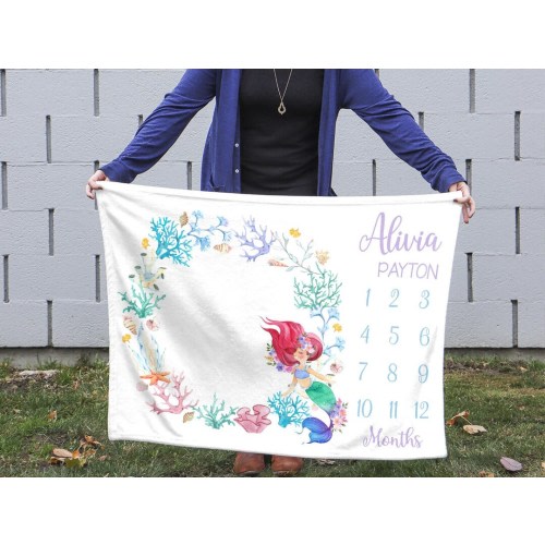 Personalized Mermaid Baby Blanket, Monthly Milestone Blanket, Mermaid Baby blanket, Mermaid Milestone - Monthly Milestone, Seashell Mermaid
