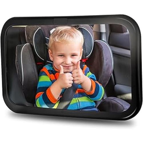 Extra Large Baby Car Mirror, Safety Car Seat Mirror for Rear Facing Infant, Wide View Shatterproof Adjustable Acrylic 360°for Backseat, Secure, Shatterproof, Fully Assembled, Black