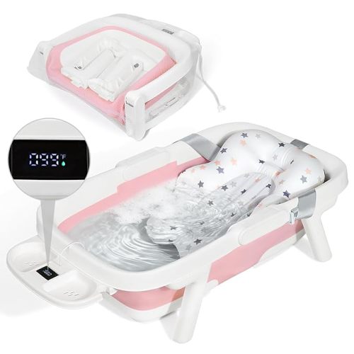 Orzbow Collapsible Baby Bathtub, Large Baby Bath Tub for Newborn with Soft Cushion & Thermometer, Travel Portable Baby Tubs for Infants to Toddler 0-36 Months, 28x16.9 inches, Gray