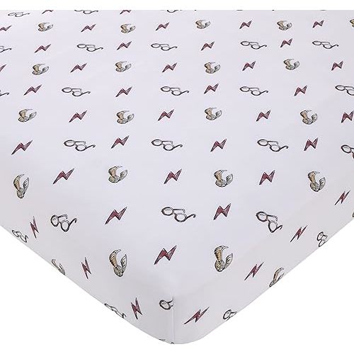 Sundeer Warner Brothers Harry Potter White, Red, and Gold Lightning Bolt, Golden Snitch, and Glasses Nursery Fitted Crib Sheet