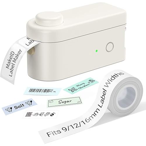 Makeid Label Maker Machine with Tape - Compatible with 9/12/16mm Waterproof Tape, Portable & Rechargeable with Built-in Cutter Wireless Label Printer Compatible with Android & iOS Devices
