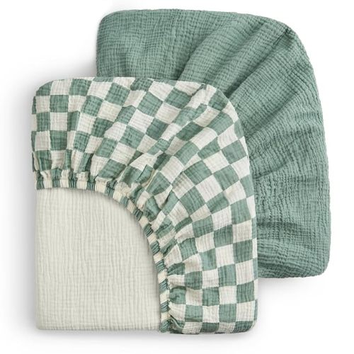 Blissful Diary Muslin Crib Sheets, 2 Pack, Sage Checkboard & Sage Green | fitted for 52''x28'' crib mattress, soft and breathable cotton, boho style, easy care for machine wash, gift for boy and girl