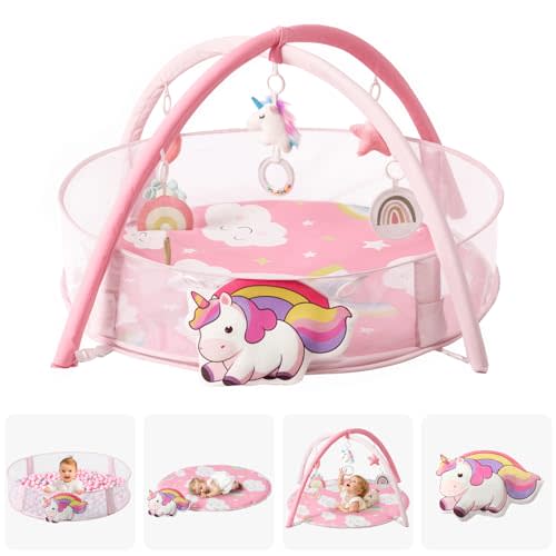 5-in-1 XL Large Baby Gym & Ball Pit, Play Mat & Play Gym, Unicorn Combination Baby Activity Gym with Milestone Cards for Sensory Exploration and Motor Skill Development, Balls are not Included