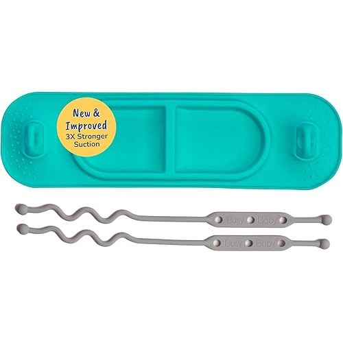 BUSY BABY Silicone Mini Mat - New and Improved Suction Cups, 2 Straps to Secure Baby Essentials, Self Feeding, Baby Led Weaning, Travel Wet Bag Included (Spearmint Mini)