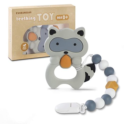 Baby Teething Toys, Raccoon Teether with Pacifier Clip Holder Kit, for Newborn Infants, BPA Free Silicone, for Boy/Girl, by Pandamelon