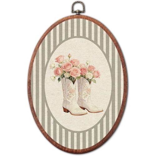 Vintage Rustic Cowboy Boots Nursery Oval Wall Art, Floral Western Canvas Prints Framed, Farmhouse Retro Decor Wall Art Hanging Decor for Kids Toddler Room Playroom Decoration, 8.6x11.4 Inch