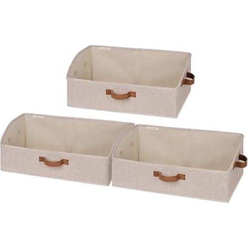 StorageWorks Closet Storage Bins, Trapezoid Organizer Box for Shelves, Fabric Clothes Bin, Foldable Organizing Baskets with Handles, Large, Brown and Beige, 3-Pack