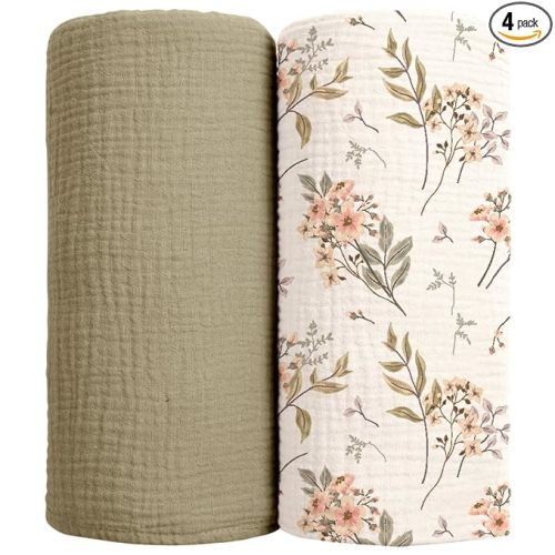 lulumoon Muslin Swaddle Blankets for Baby: Soft Cotton Newborn Receiving Blankets - Floral Print Nursery Gift Set for Baby Girls(Olive Flower)
