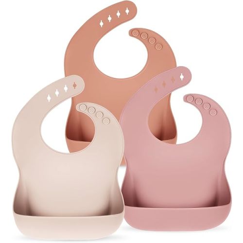 Silicone Bibs for Babies Toddler Set of 3, BPA Free, Soft Adjustable Waterproof Bibs for Feeding Essentials