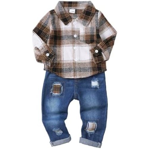 NZRVAWS Toddler Baby Boy Clothes Infant Plaid Pocket Shirt Denim Ripped Jean Pants Outfit Set 6-24 Months 2-5T