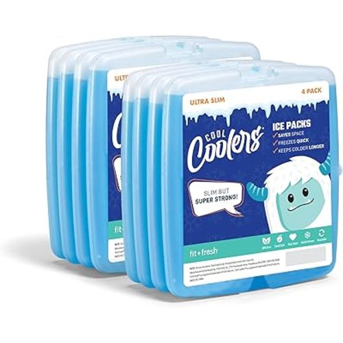 Cool Coolers By Fit & Fresh 8 Pack Slim Ice Packs, Quick Freeze Space Saving Reusable Ice Packs for Lunch Boxes or Coolers, Clear Blue Kids Ice, 8 Pack