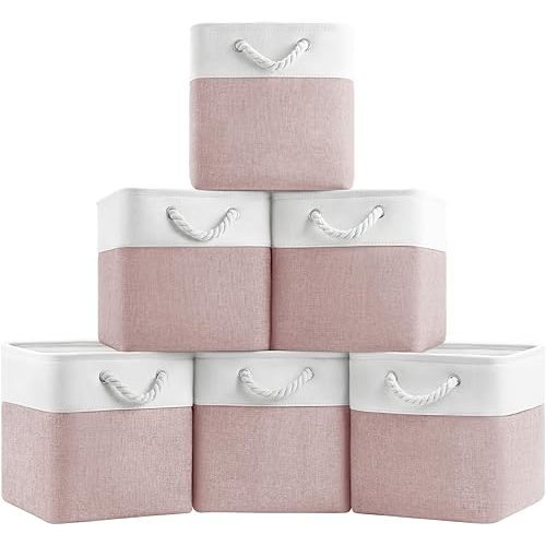 11x11 Cube Storage Bins, 6 Pack Foldable Fabric Organizer Bins with Rope Handles, Storage Cubes for Organizing Bedroom, Living Room, Clothes and Toys, Shelves and Closet (White & Pink)
