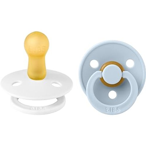 BIBS Pacifiers Colour Collection | Natural Rubber Baby Pacifier | Set of 2 BPA-Free Soothers | Made in Denmark | 6+ Months (Pack of 2) | Baby Blue/White