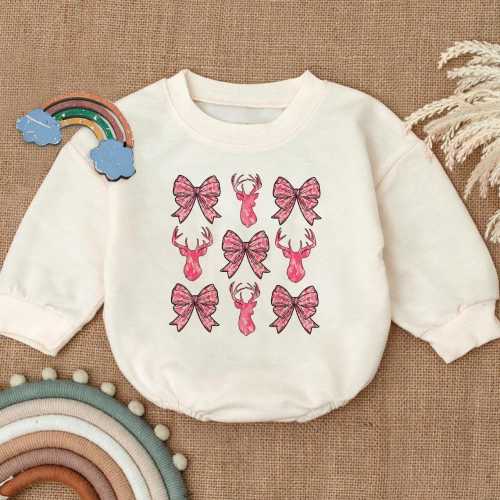 Deer and Bow Romper Sweatshirt, Pink Camo Coquette Bow Deer Hunting Camouflage Baby Outfit, Cute Baby Romper for Baby Girl, Baby Shower Gift