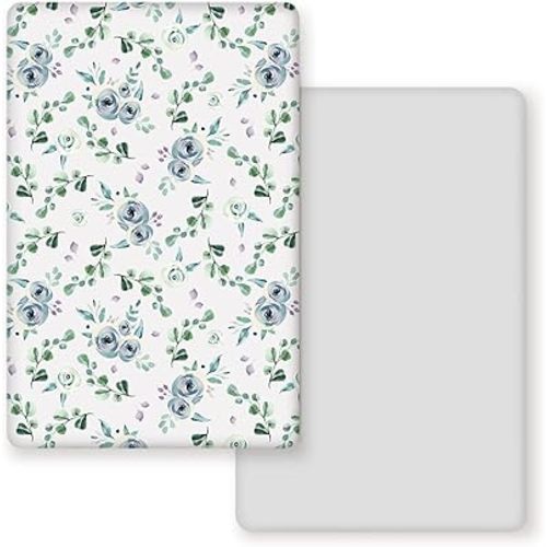 GRSSDER Stretchy Ultra Soft Jersey Knit Fitted Pack n Play Playard Sheets Set 2 Pack, Portable/Mini Cribs Pack and Play Sheets, Blue Rose for Girls and Boys
