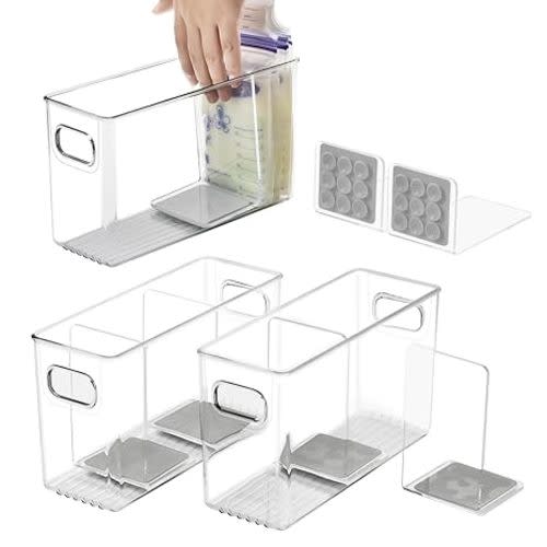 Breastmilk Storage Container with L Shaped Dividers to Flatten Standing Breast Milk Bags in Organizer Bins Save Refrigerator Space | 2 Containers with Removable Separator Boards - Gray