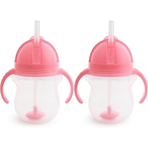 Munchkin Any Angle Sippy Cup for Toddlers, Weighted Straw Trainer Cup with Click Lock Lid, 7 Ounce, 2 Pack, Pink