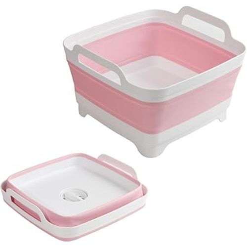 Collapsible Dish Basin Foldable Kitchen Sink With Drain Plug Plastic Laundry Tub 9L/2.4Gal RV & Camping Wash Basin Space-Saving Bottle Washing Sink (Pink)