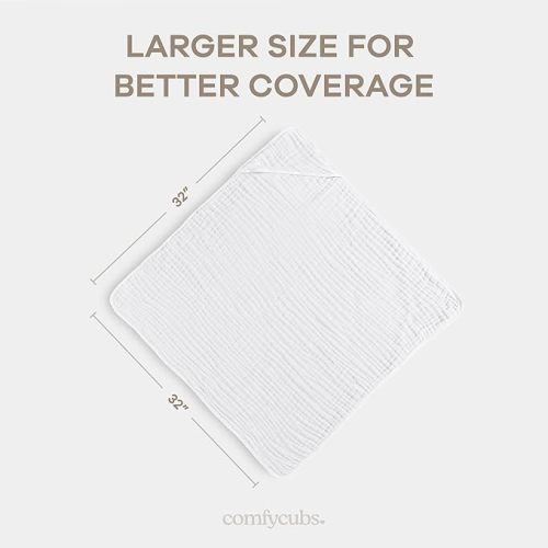 Comfy Cubs 2 Pack Baby Hooded 9 Layer Muslin Cotton Towel for Kids, Large 32” x 32”, Ultra Soft, Warm, and Absorbent. Baby Essentials Bath Towels, Cute Unisex Cover for Girls and Boys (2 Pack, White)
