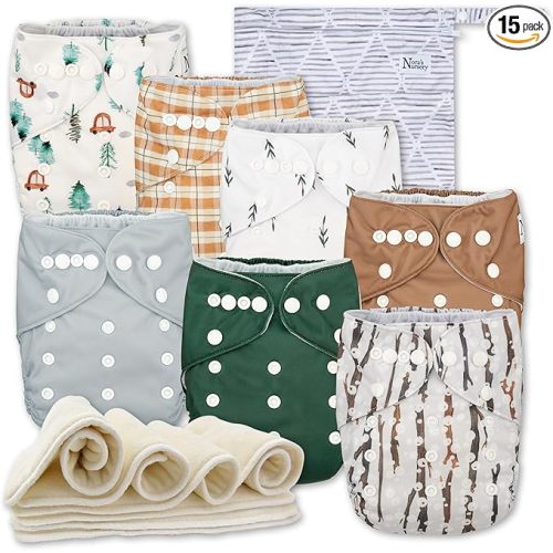 Nora's Nursery Cloth Diapers 7 Pack with 7 Inserts & 1 Wet Bag - Waterproof Cover, Washable, Reusable & One Size Adjustable Pocket Diapers for Newborns and Toddlers - Woodlands - Adjustable Size